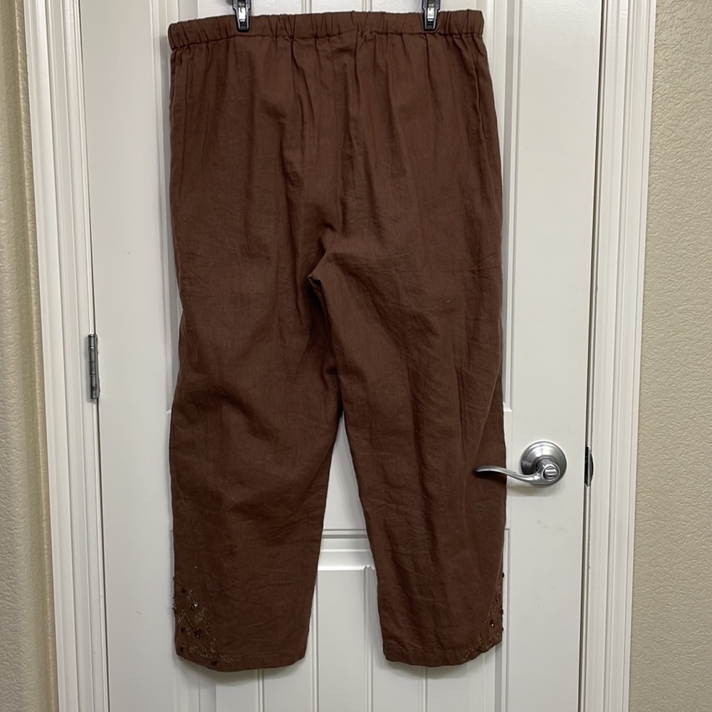 Selene Sport drawstring Pants brown XL Wide Leg bead design linen blend - Picture 5 of 6